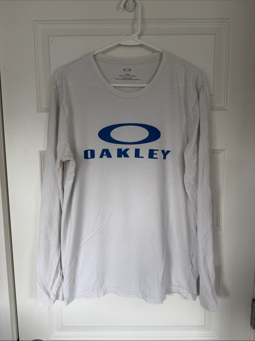 Oakley White Long-Sleeve Tee with Blue Logo